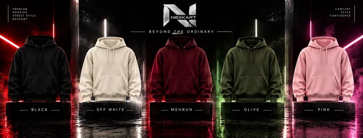 Nexkart premium hoodies in black, off-white, mehrun, olive and pink